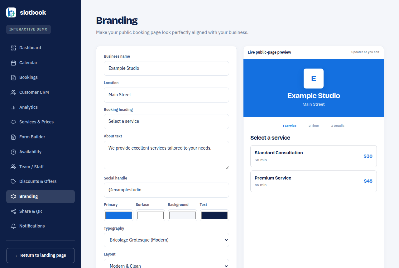 Slotbook branding editor with live booking-page preview