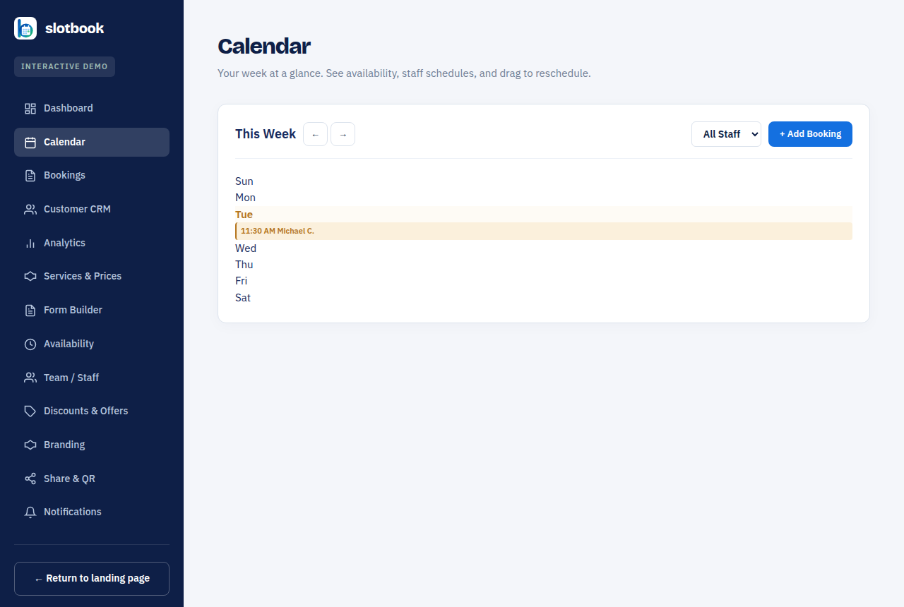 Slotbook calendar showing weekly appointments and staff availability